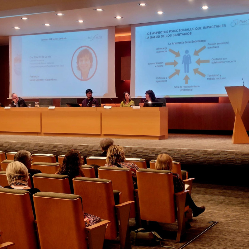 Pilar Peña en su ponencia durante la jornada sobre SST en el sector sanitario, organizada por Full Audit.