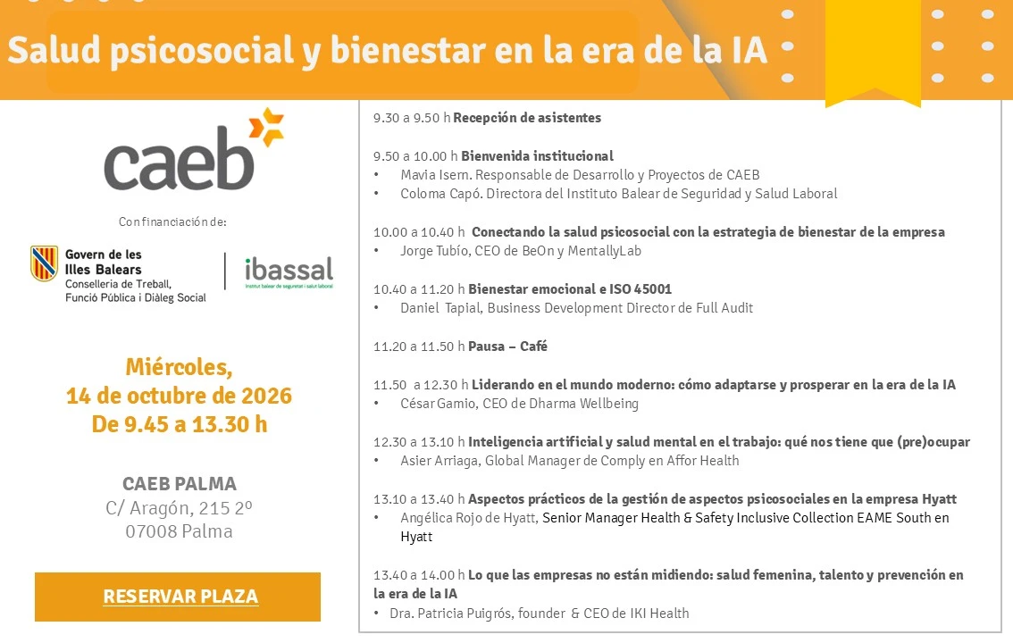Programa evento Salud psicosocial y bienestar en la era de la IA, organizado por CAEB con la colaboración de BeOn y Full Audit