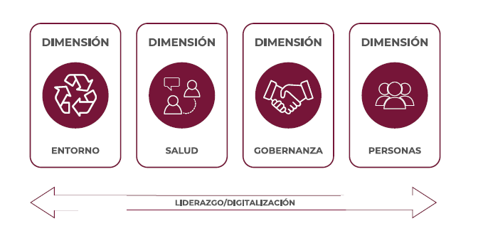 El Modelo MBO estructura la Gestión Estratégica del Bienestar Organizacional en cuatro Dimensiones de Acción, sobre las que se diseñan e implementan las medidas que conducen a resultados sostenibles